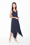 Jeraldine Waterfall Hem Dress in Navy