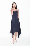 Jeraldine Waterfall Hem Dress in Navy