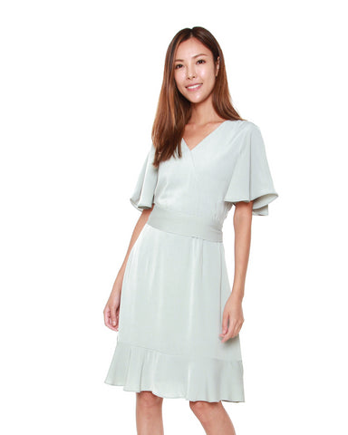 Germaine Flutter Sleeves Dress in Light Green Blue