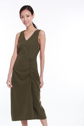 Angela Asymmetrical Gathered Drawstring Dress in Olive