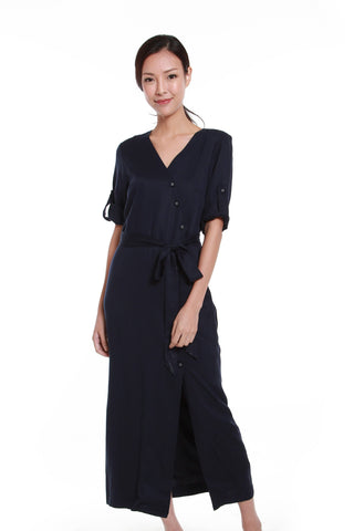 Delilah Asymmetrical Button Down Dress in Navy