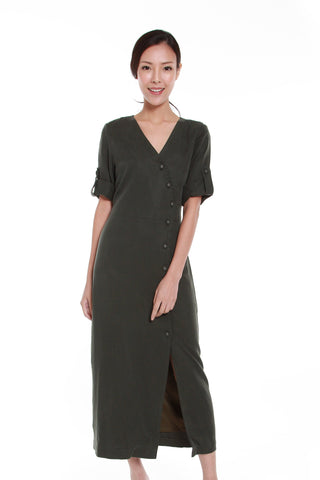 Delilah Asymmetrical Button Down Dress in Forest