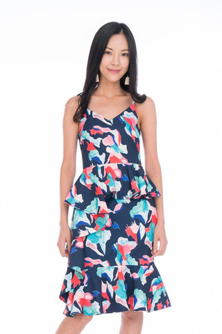 Aria Peplum Detail Sweet Heart Dress in Navy