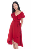 Nina Ruffle Top Off shoulder Wrap Dress in Hot Red