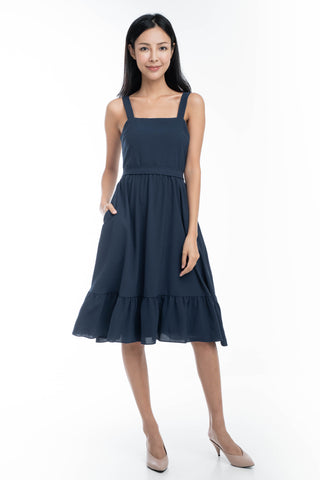 Cara Ruffle Hem Skater Dress in Blue