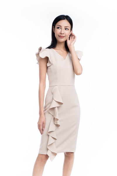 Loise Pleated Ruffle Midi Dress in Cream