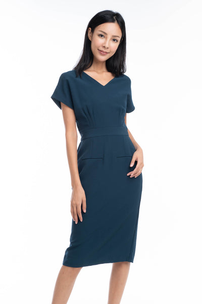 Maggie Pleated Front Waist Band Midi Dress in Green