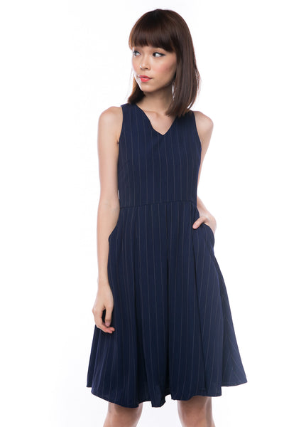 Leah Pine Stripe Full Circle Midi in Navy - Mint Ooak - Dress - 1