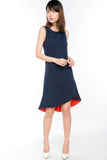 Fiona Dip Hem Colourblock Hem Midi in Navy