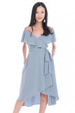 Nina Ruffle Top Off shoulder Wrap Dress in Powder Blue Grey