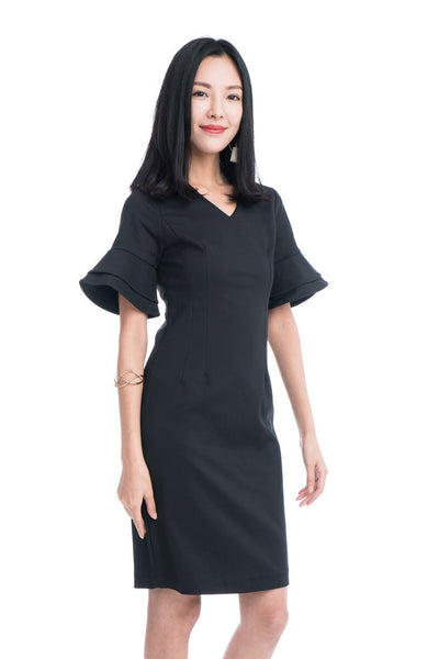 Taza Ruffle Sleeve Shift Dress in Black