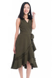 Jules Ruffles Skater Wrap Dress in Olive