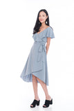 Nina Ruffle Top Off shoulder Wrap Dress in Powder Blue Grey