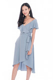 Nina Ruffle Top Off shoulder Wrap Dress in Powder Blue Grey