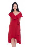 Nina Ruffle Top Off shoulder Wrap Dress in Hot Red