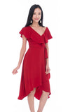 Nina Ruffle Top Off shoulder Wrap Dress in Hot Red