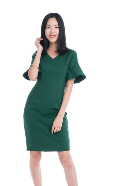 Taza Ruffle Sleeve Shift Dress in Green