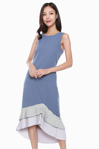 Abigail Tiered Asymmetrical Pleated Hem Dress in Blue