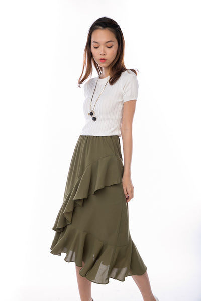 Julianna Cascade Ruffles Sway Skirt  in Army Green