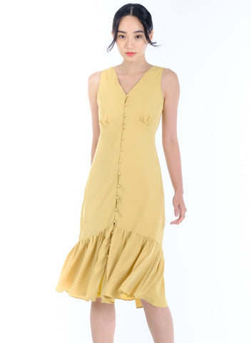 Ella Button Down Fluted Dress in Muted Yellow