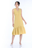 Ella Button Down Fluted Dress in Muted Yellow