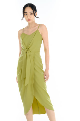 Andra Tie Detail Cross Over Dress in Apple Green