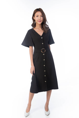 Cara Flutter Sleeved Button Midi in Black