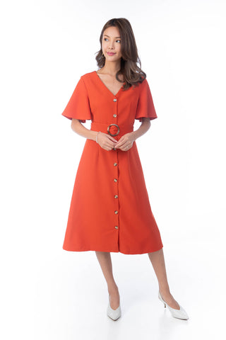 Cara Flutter Sleeved Button Midi in Rust