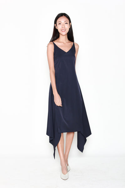 Jeraldine Waterfall Hem Dress in Navy