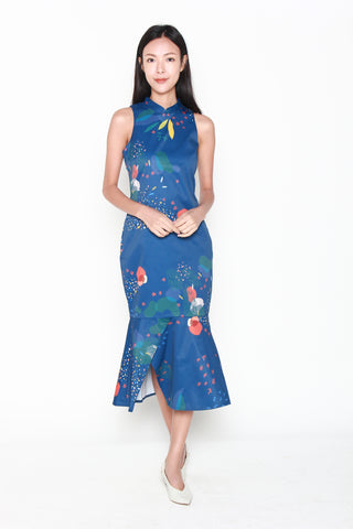 Vera Cheongsam Mermaid Dress in Cobalt