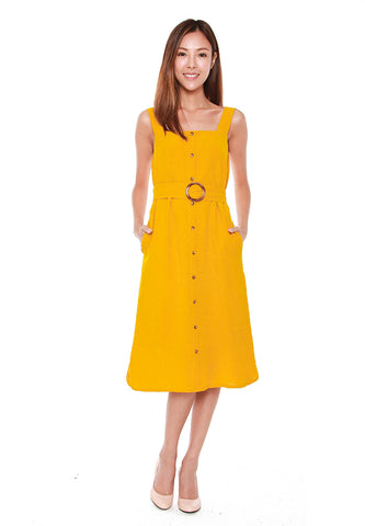 Charlene Button Down Trapeze Dress in Mustard
