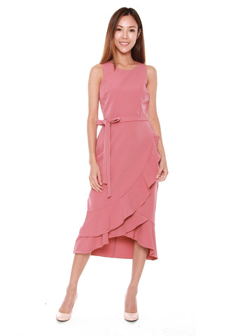 Helen Waterfall Ruffles Dress in Salmon