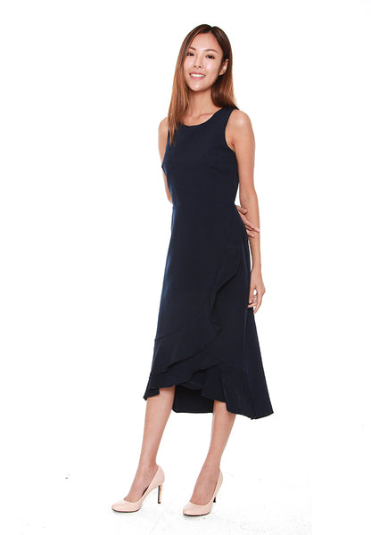 Helen Waterfall Ruffles Dress in Navy