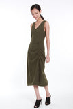 Angela Asymmetrical Gathered Drawstring Dress in Olive