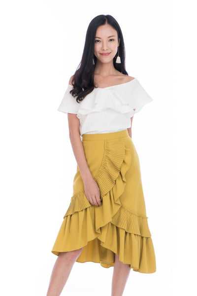 Elena Pleated Layer Ruffle Skirt in Mustard