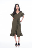 Jaida Ruffle Detail Sleeved Dress in Olive