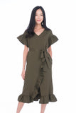 Jaida Ruffle Detail Sleeved Dress in Olive