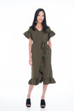 Jaida Ruffle Detail Sleeved Dress in Olive