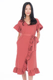 Jaida Ruffle Detail Sleeved Dress in Dusty Pink