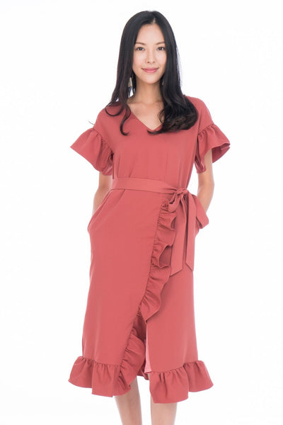 Jaida Ruffle Detail Sleeved Dress in Dusty Pink