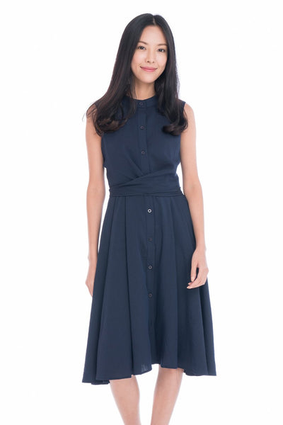 Lillie Mandarin Collar Button Skater in Navy