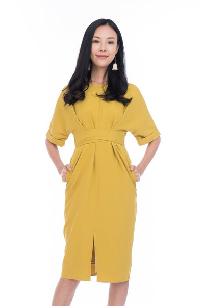 Laini Tie Cross Multiway Wiggle Dress in Mustard