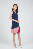 Quin Tri Colour Block Pleated Dress in Navy