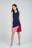 Quin Tri Colour Block Pleated Dress in Navy