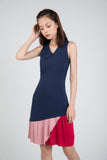 Quin Tri Colour Block Pleated Dress in Navy