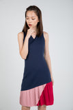 Quin Tri Colour Block Pleated Dress in Navy