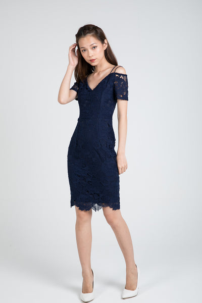 Faye Offshouler Crochet Lace Midi in Navy