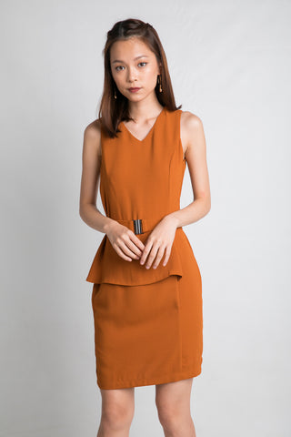 Delco V Neck Peplum Dress in Mustard