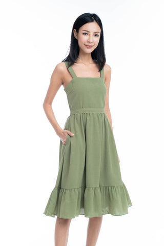 Cara Ruffle Hem Skater Dress in Moss Green