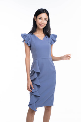 Loise Pleated Ruffle Midi Dress in Blue